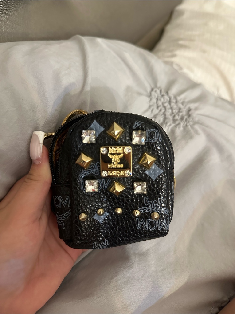 MCM Black Mini Studded Backpack Charm with Gold Accents